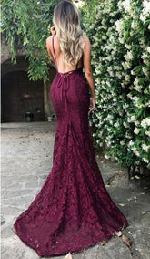 Burgundy Lace V Neck Spaghetti Strap Long Prom Dresses, Cheap Evening Dress